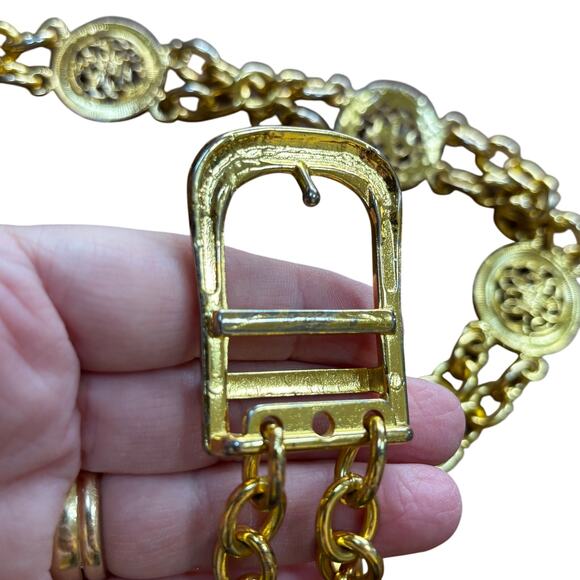 Vintage 1980\'s chunky gold double chain belt O/S station links textured disks main image 9